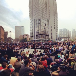 Public assembly in front of the occupied Galfa Tower